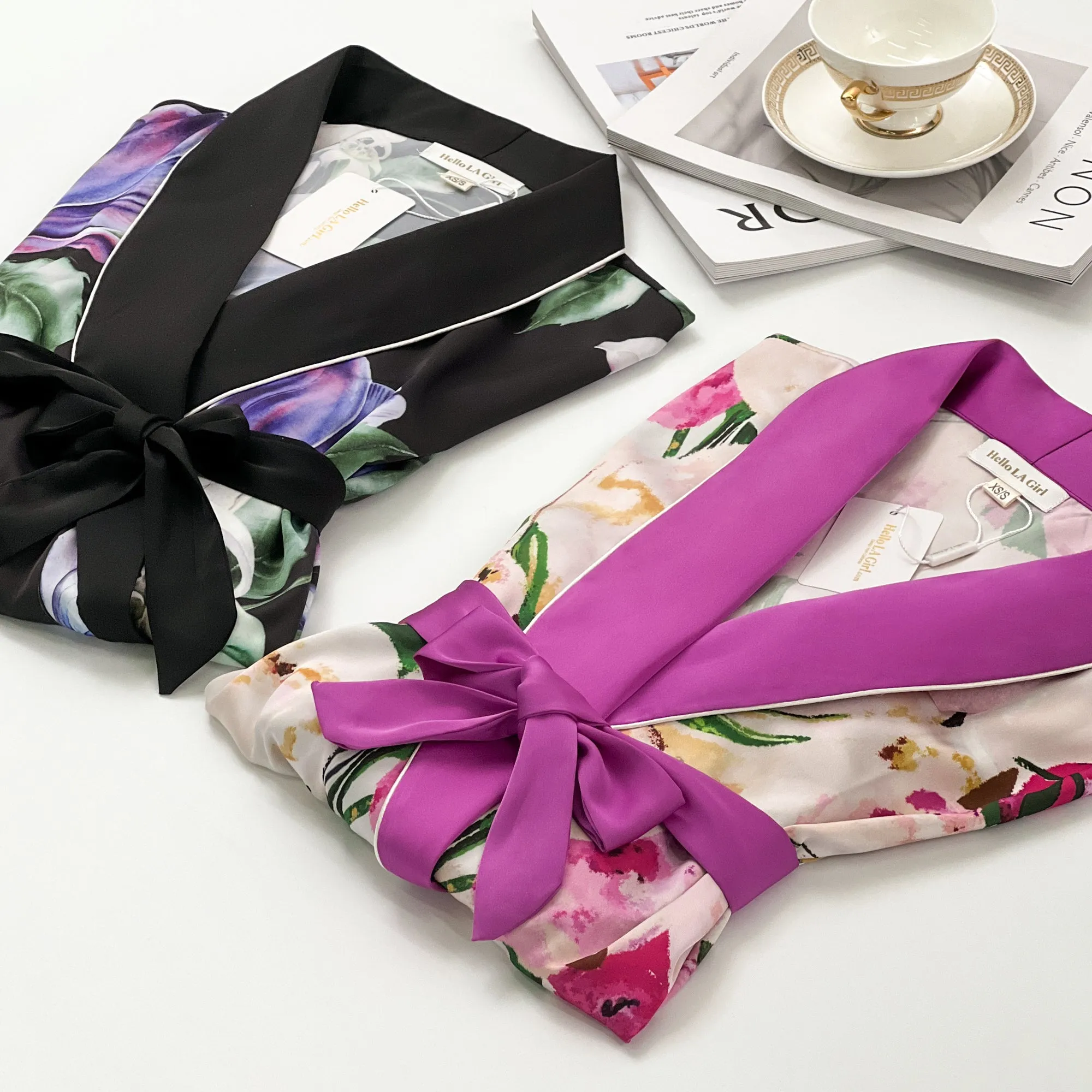 Purple Flower Print Silky Satin Robe With Belt