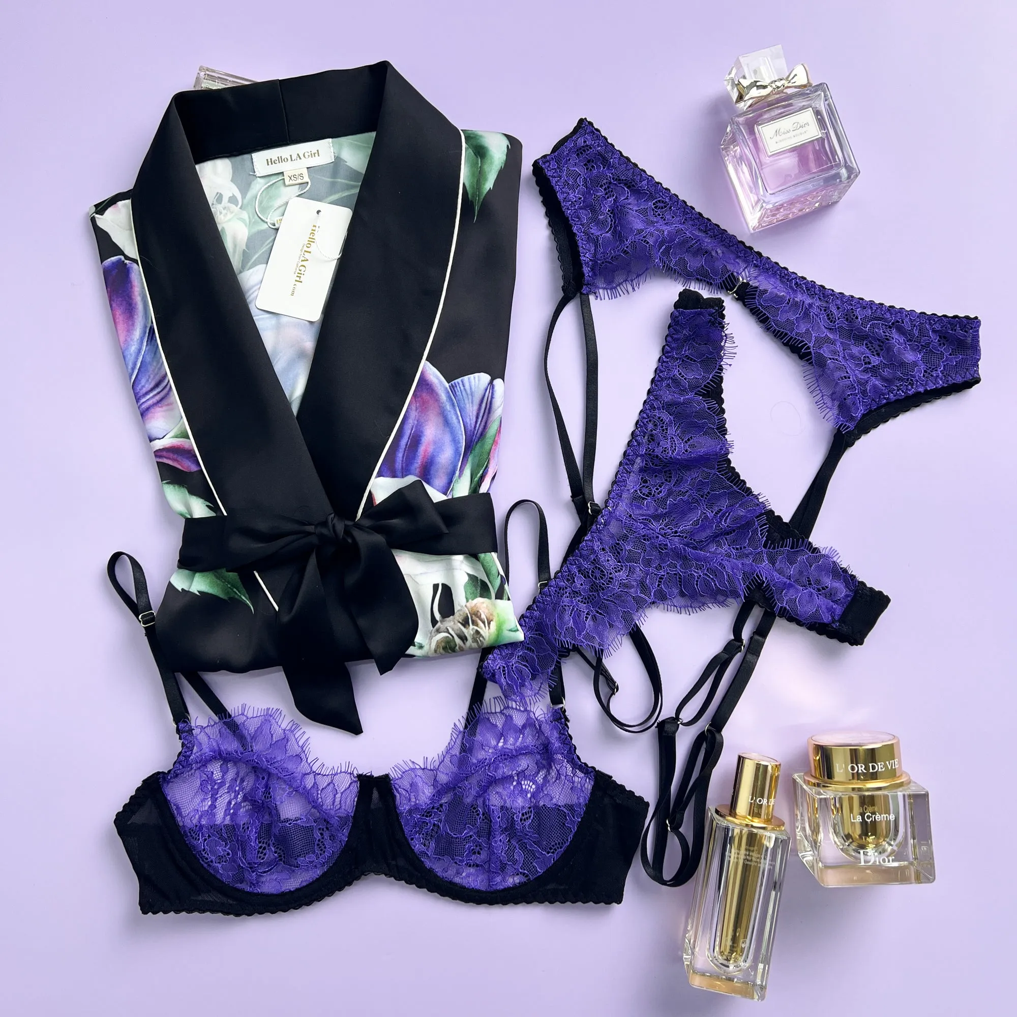 Purple Flower Print Silky Satin Robe With Belt