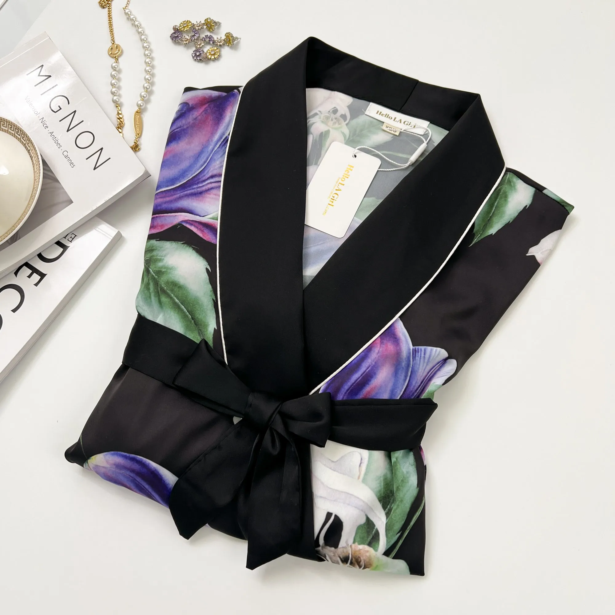 Purple Flower Print Silky Satin Robe With Belt