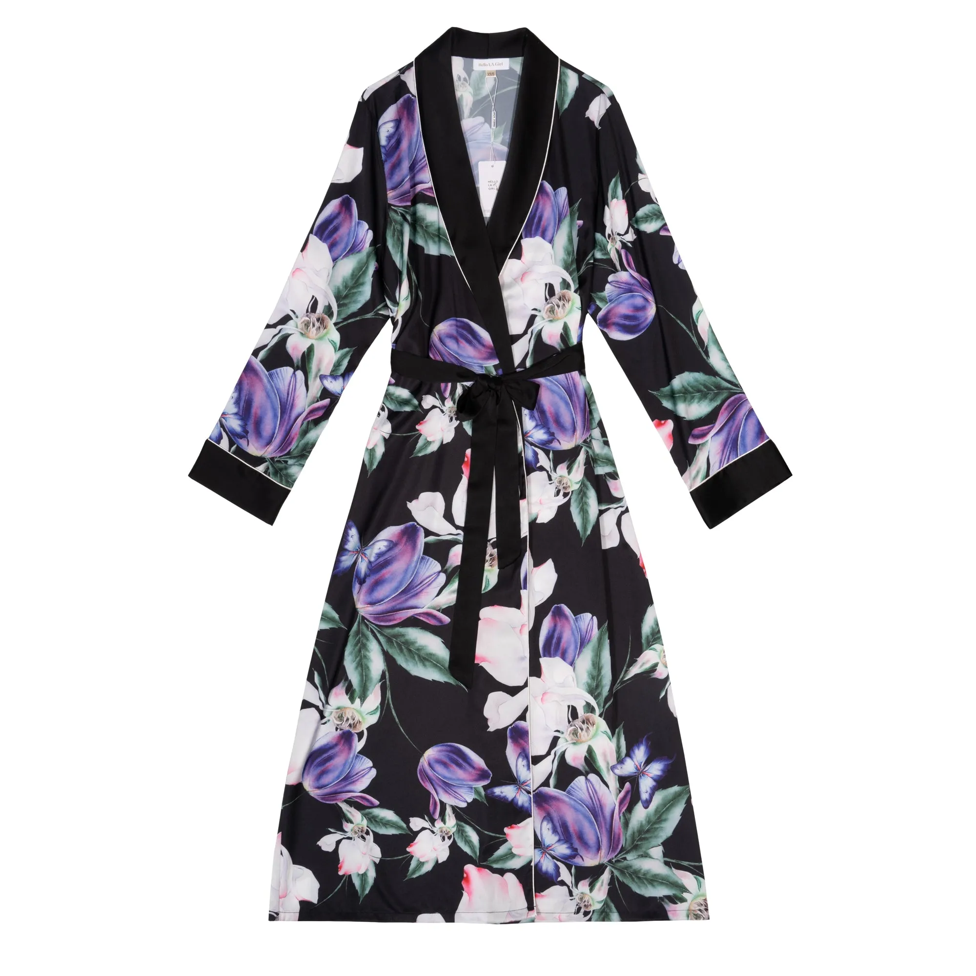 Purple Flower Print Silky Satin Robe With Belt