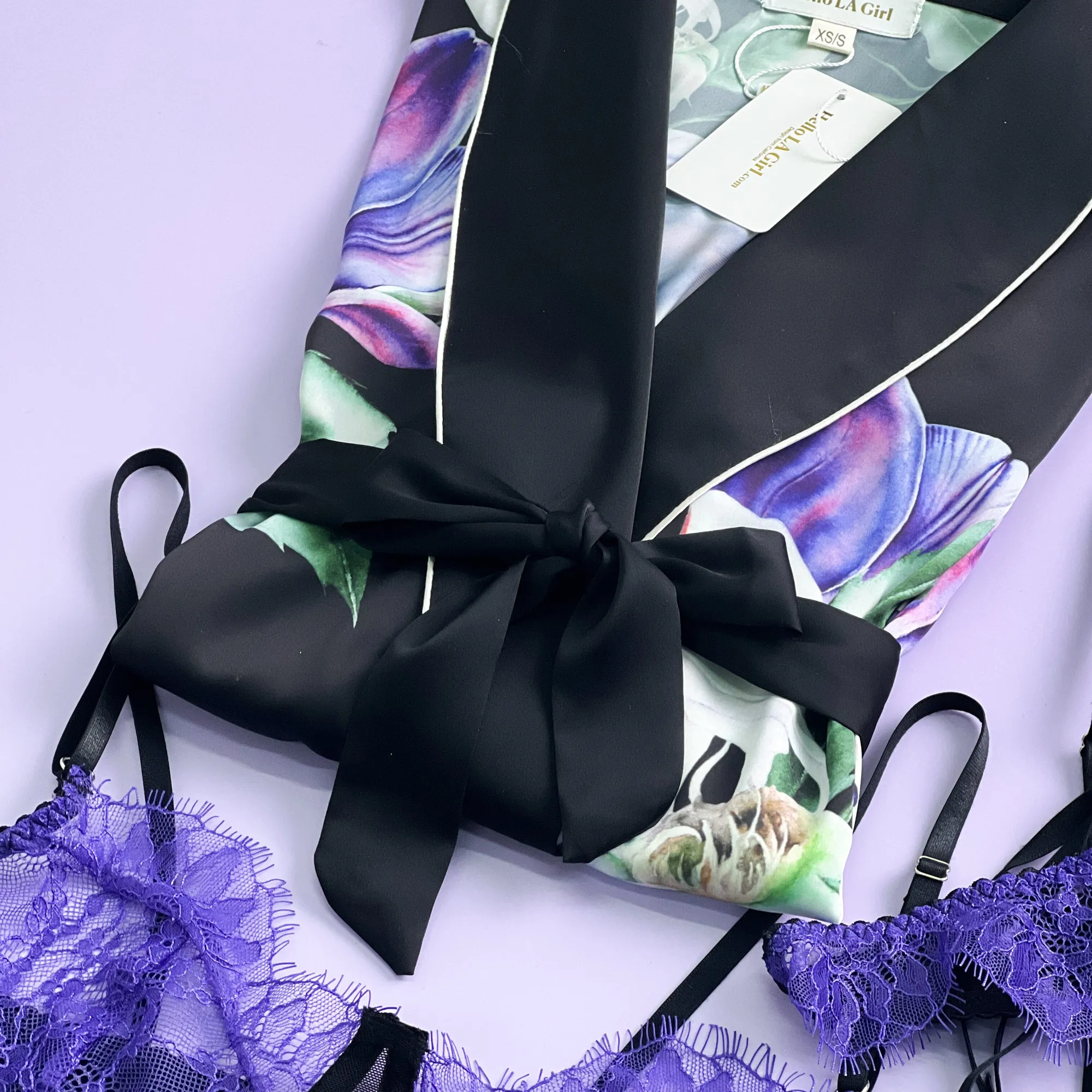 Purple Flower Print Silky Satin Robe With Belt