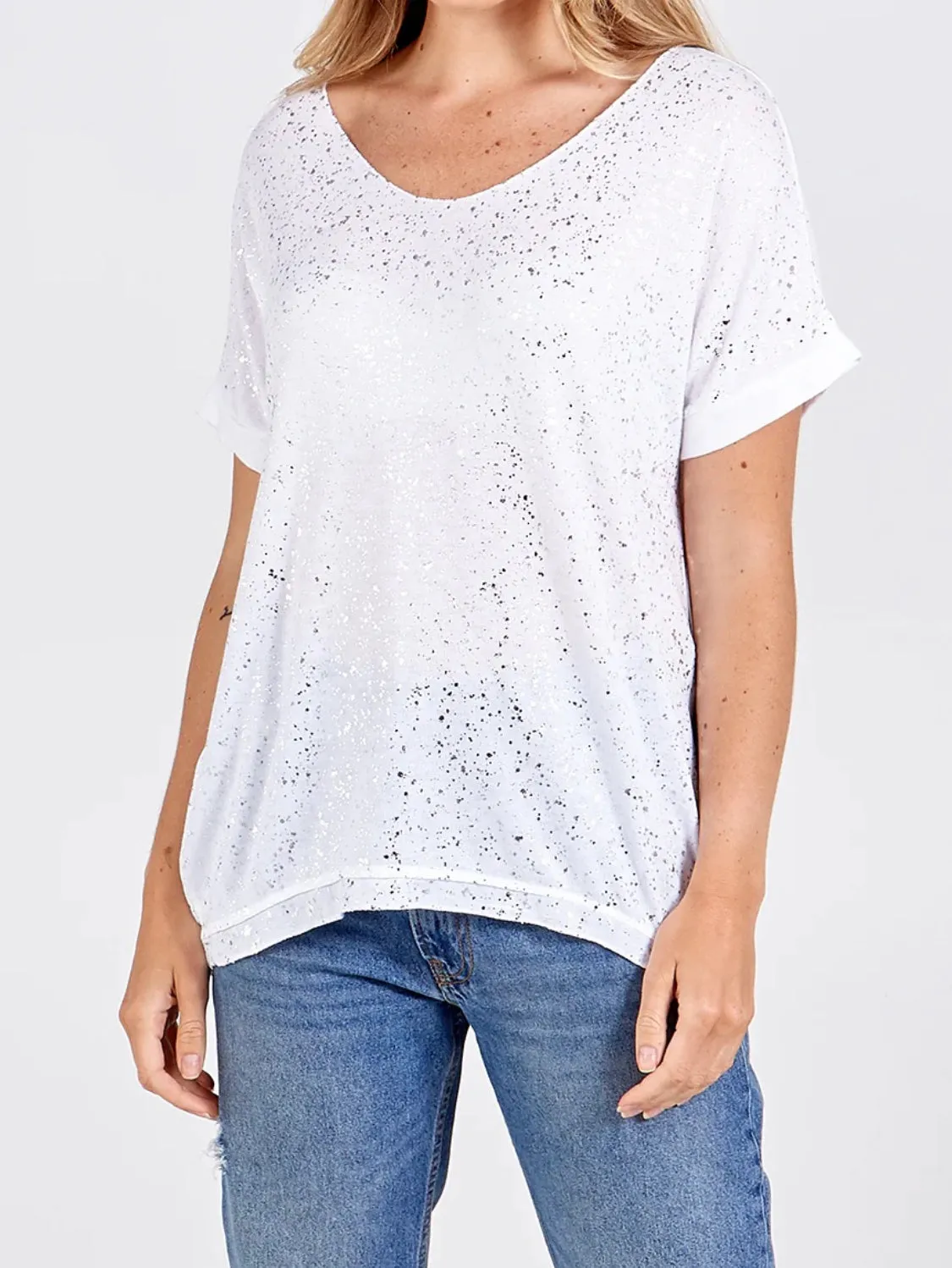 Silver Shimmer Beige Splatter Effect V-Neck Fine Knit T-Shirt