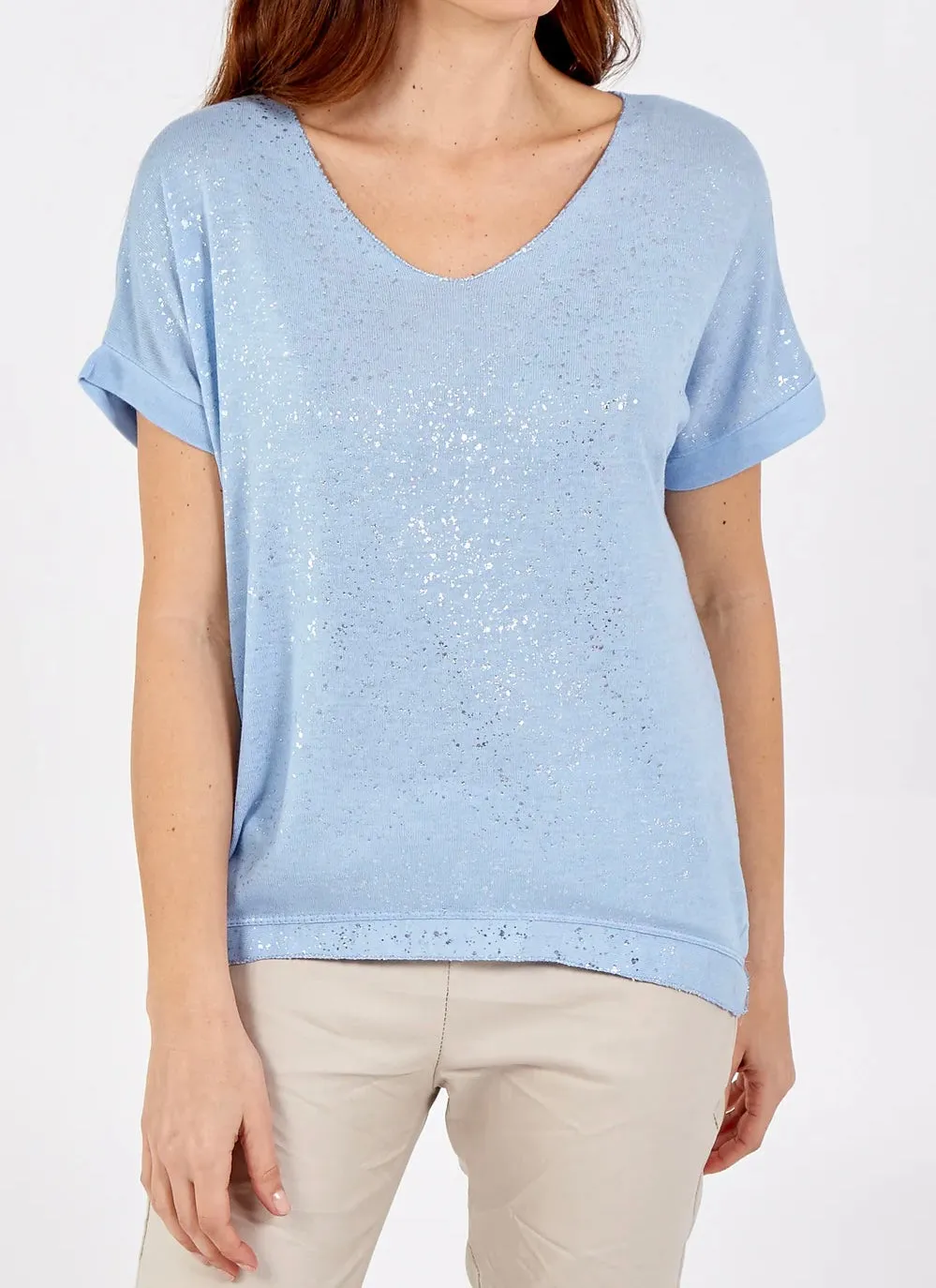 Silver Shimmer Beige Splatter Effect V-Neck Fine Knit T-Shirt