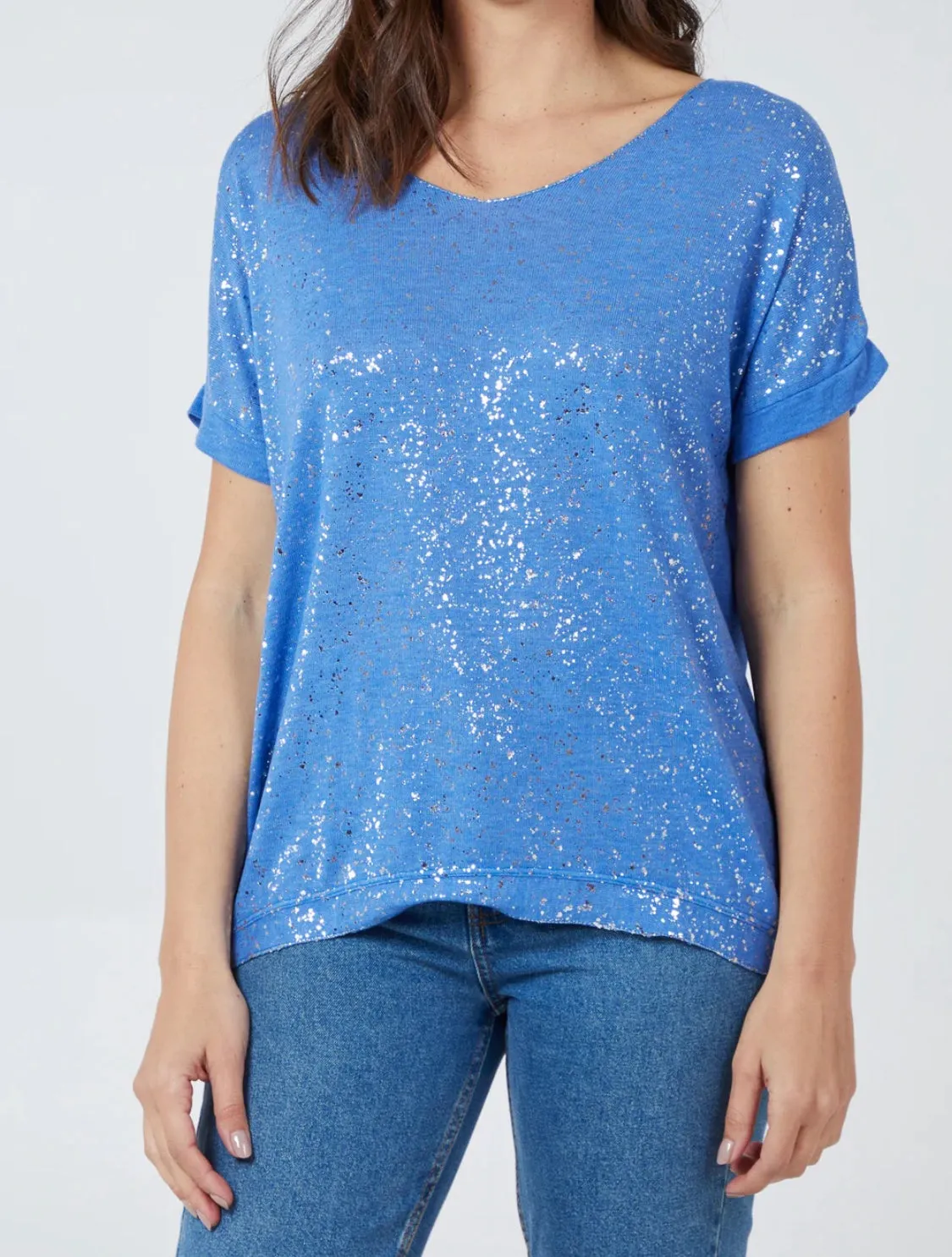 Silver Shimmer Beige Splatter Effect V-Neck Fine Knit T-Shirt