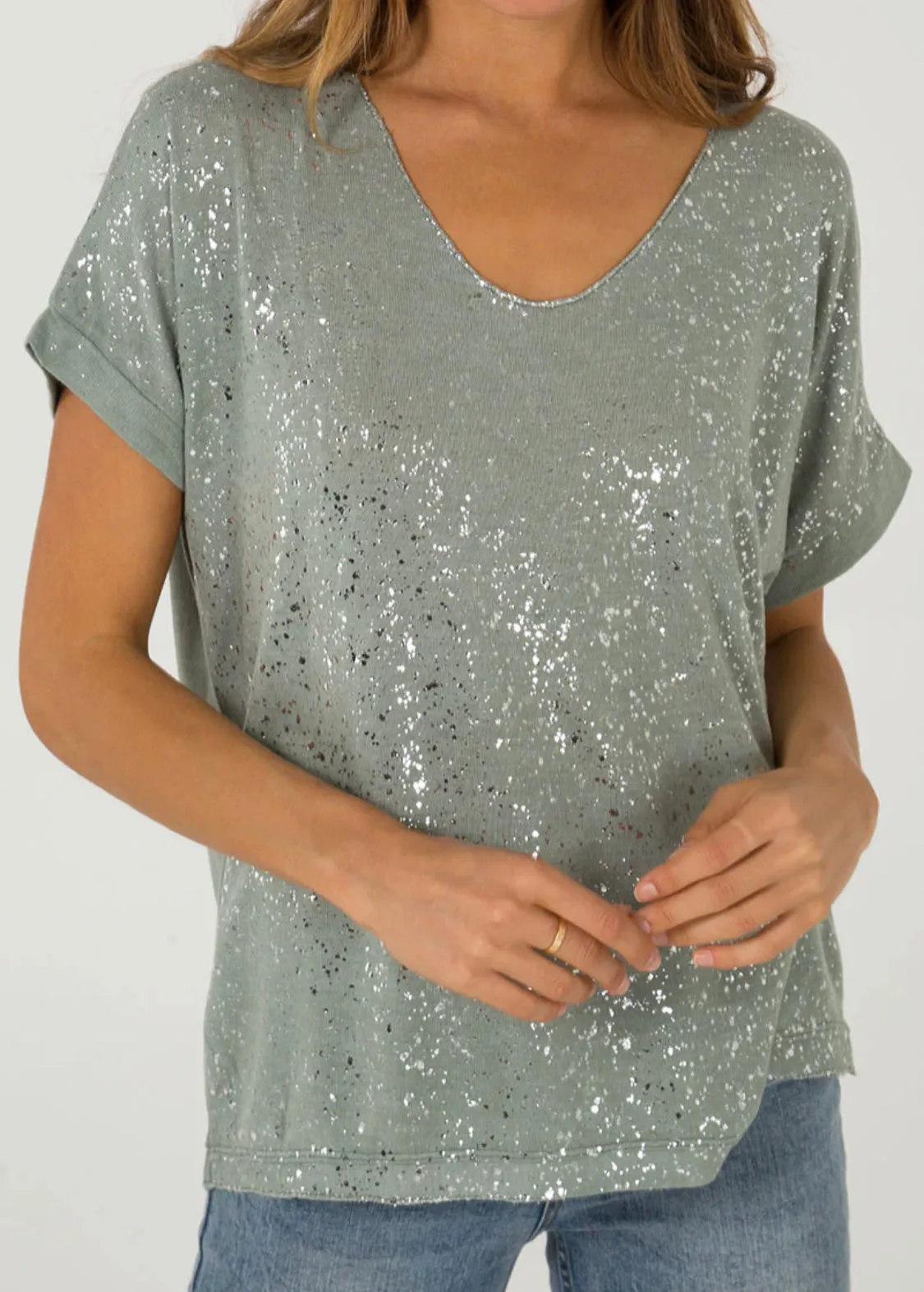 Silver Shimmer Beige Splatter Effect V-Neck Fine Knit T-Shirt