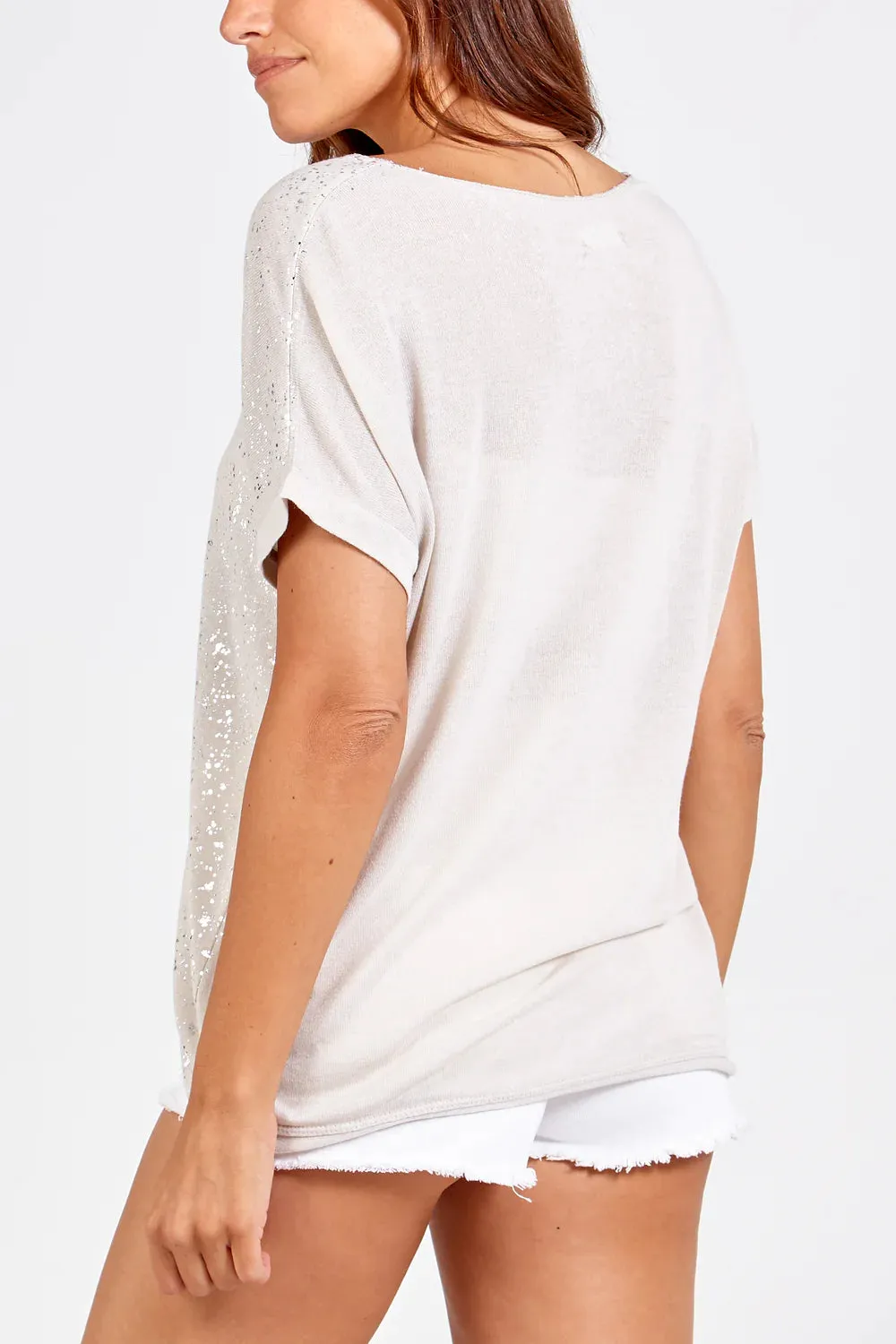 Silver Shimmer Beige Splatter Effect V-Neck Fine Knit T-Shirt
