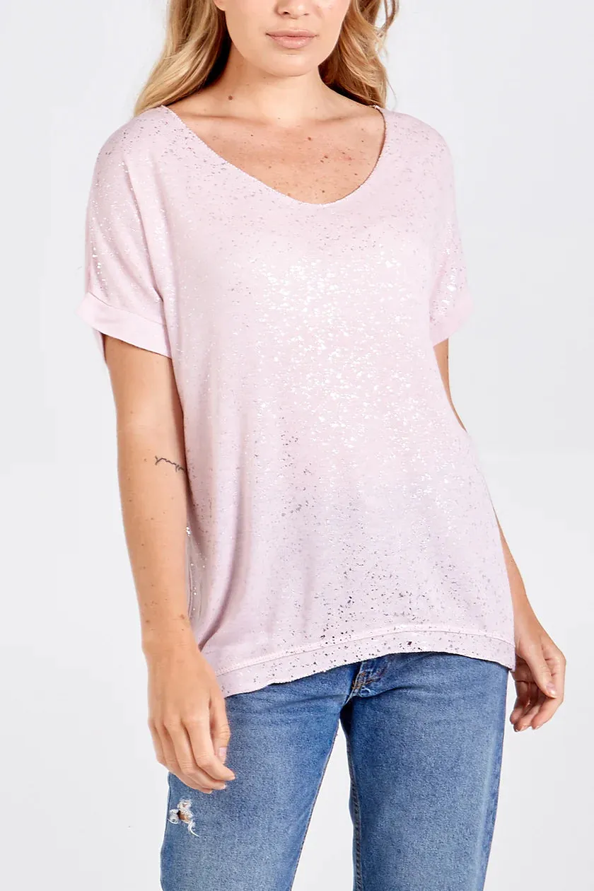 Silver Shimmer Beige Splatter Effect V-Neck Fine Knit T-Shirt