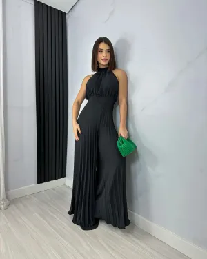 Sleek Pleated Halter Flared Leg Jumpsuit