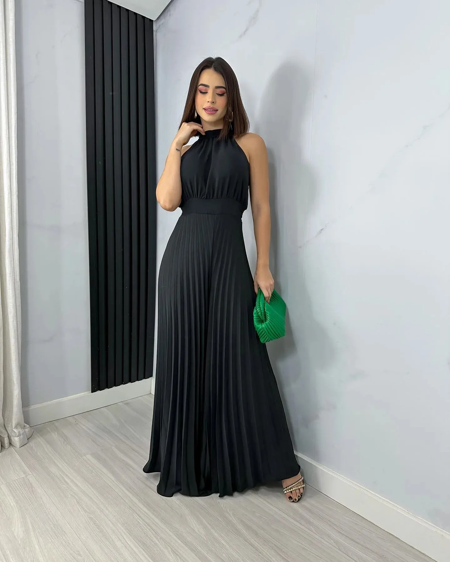 Sleek Pleated Halter Flared Leg Jumpsuit