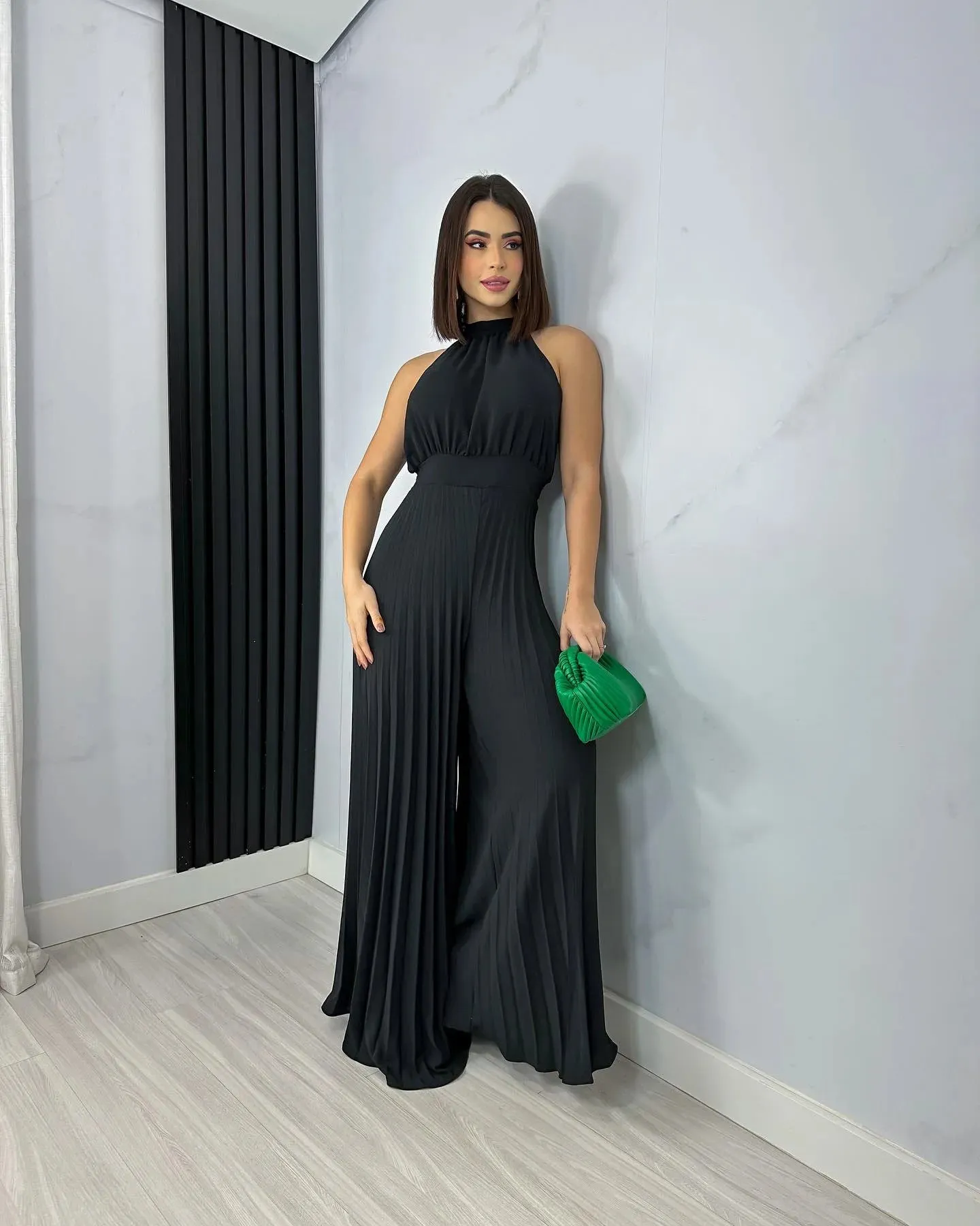 Sleek Pleated Halter Flared Leg Jumpsuit