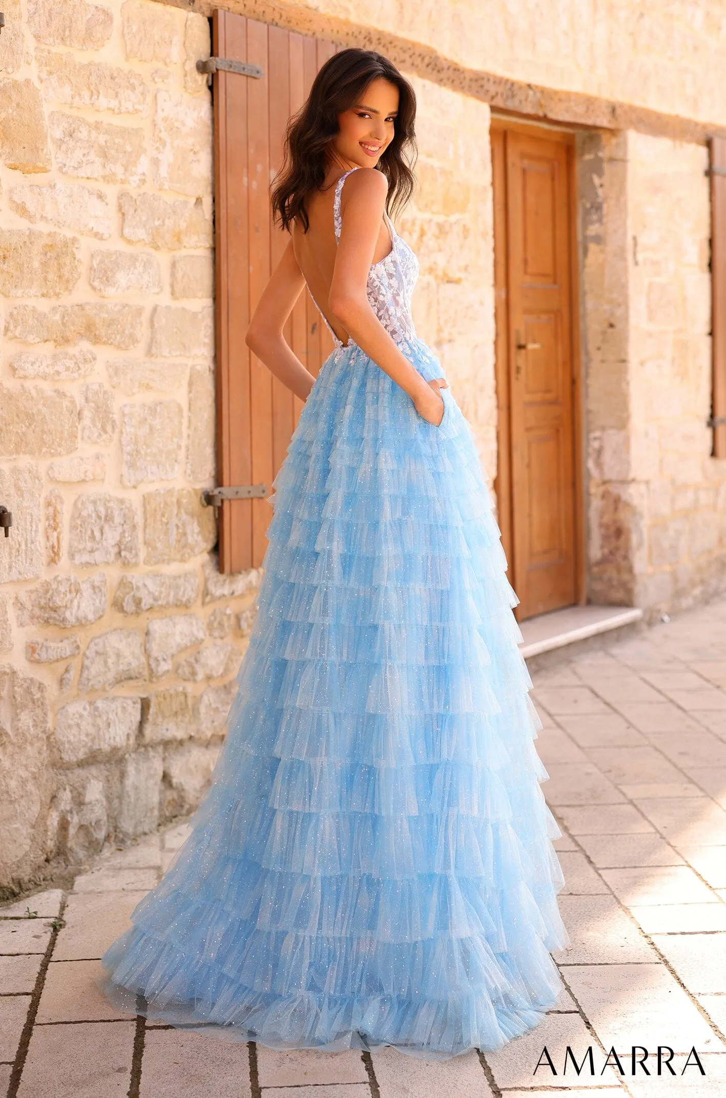 Sleeveless Corset A-line Tiered Slit Gown by Amarra 88833
