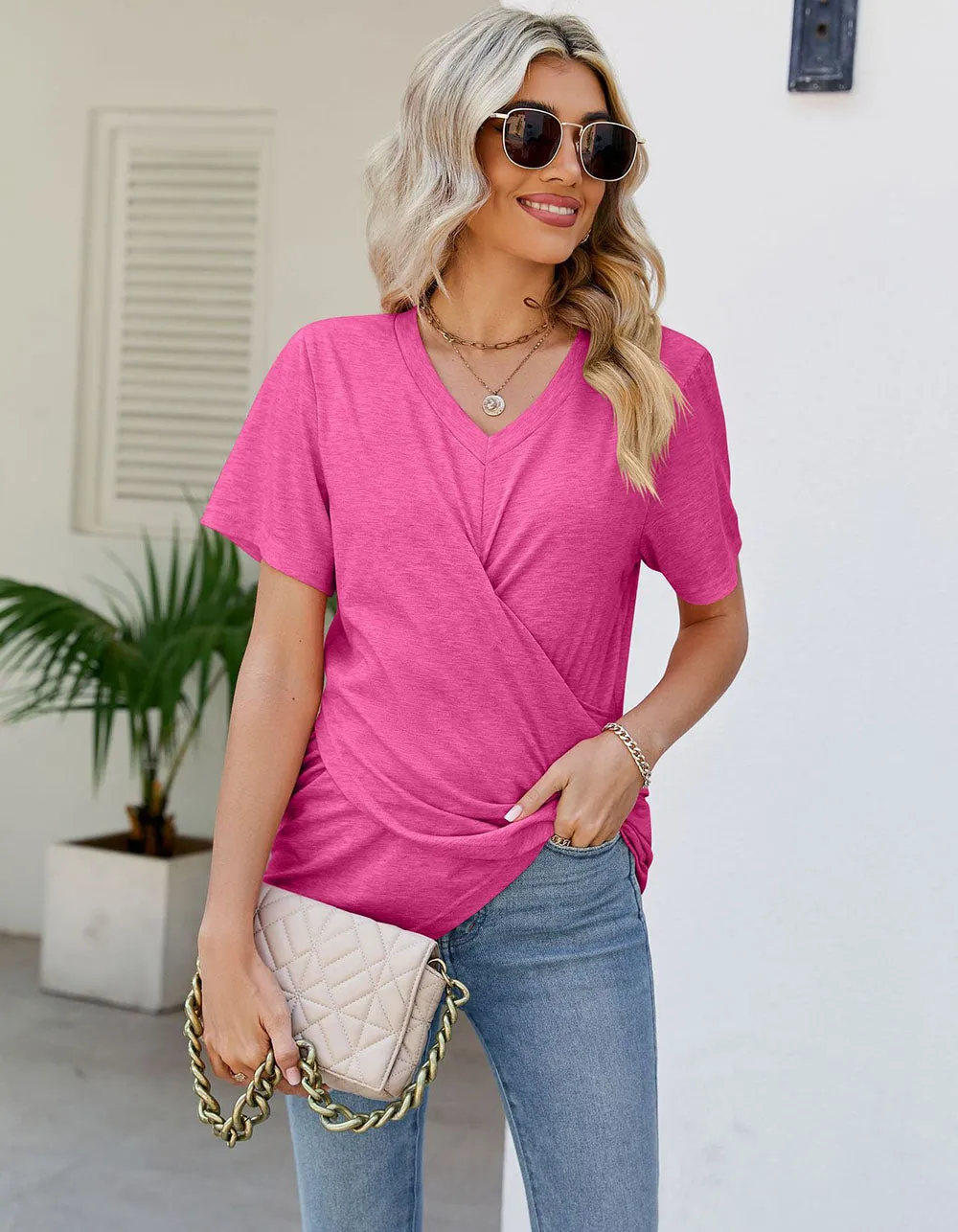 Solid-color V Neck Pleated Loose Short Sleeve T-shirt