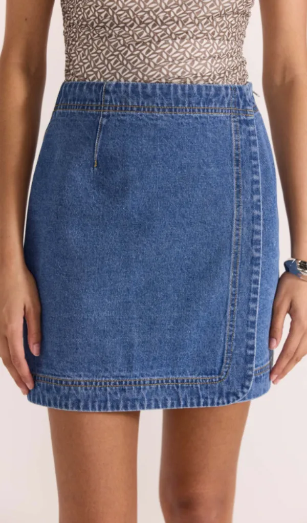 Tate Denim Wrap Skirt Mid-Blue