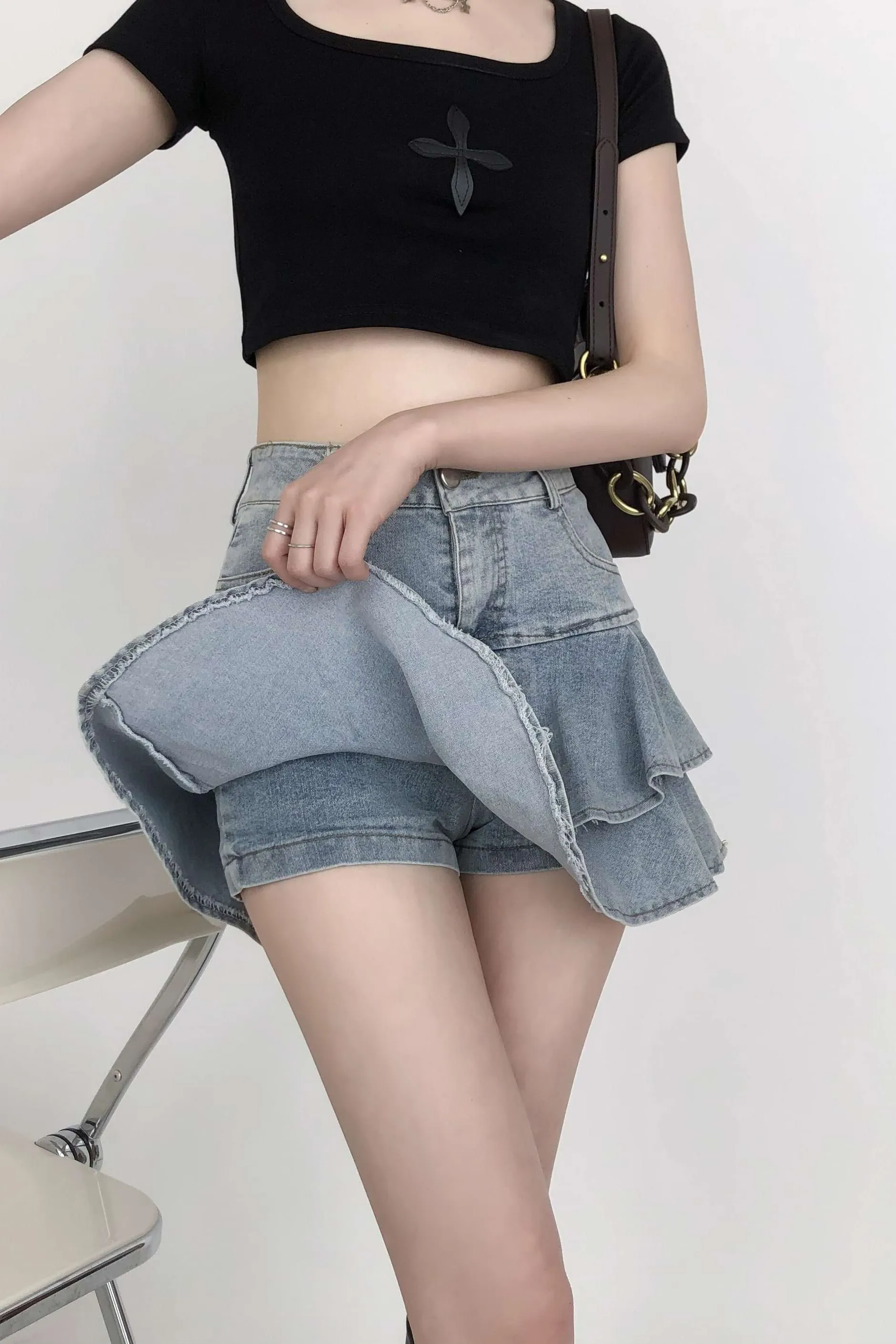Tiered Pleated Denim Mini Skirt
