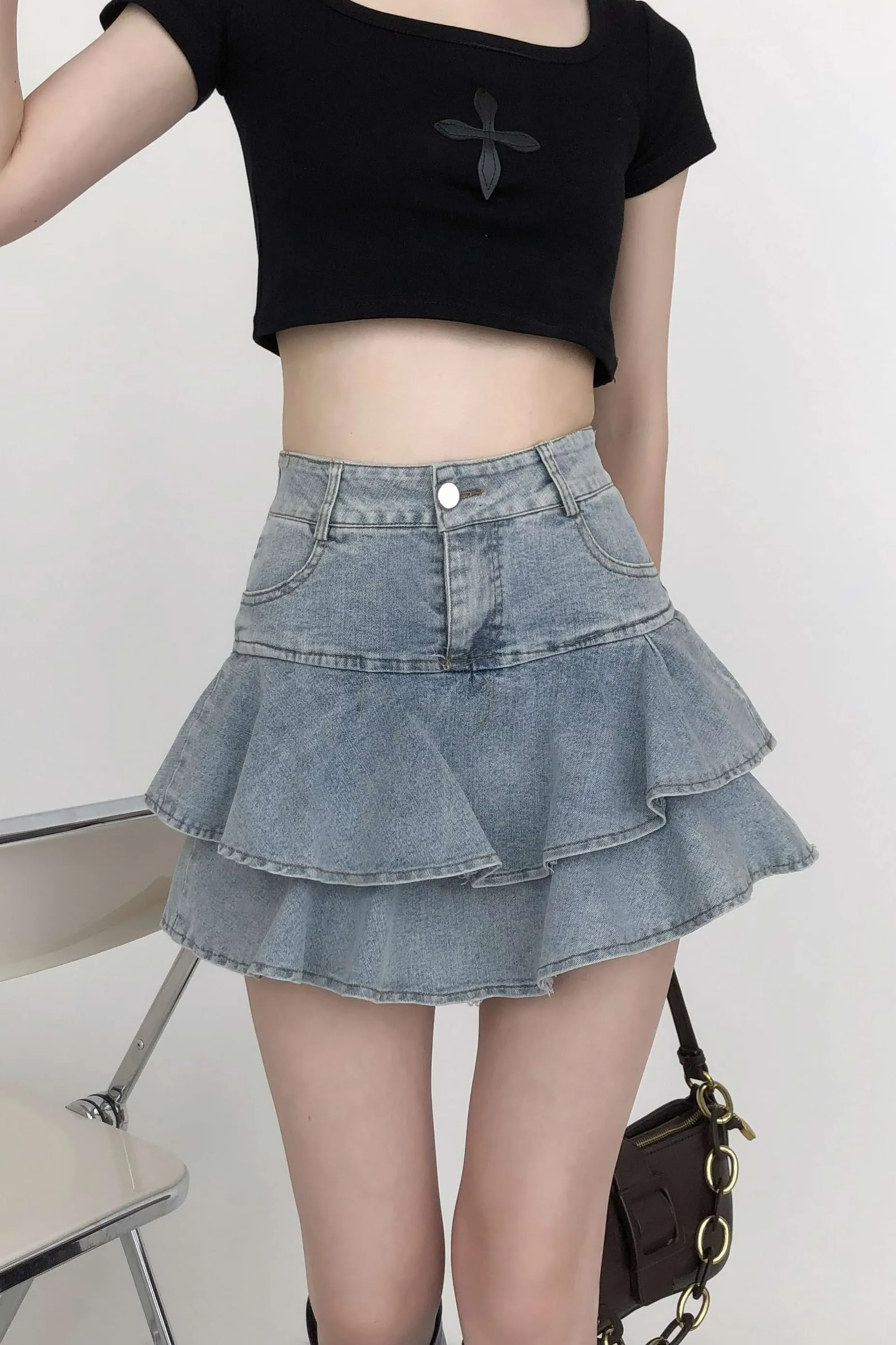 Tiered Pleated Denim Mini Skirt