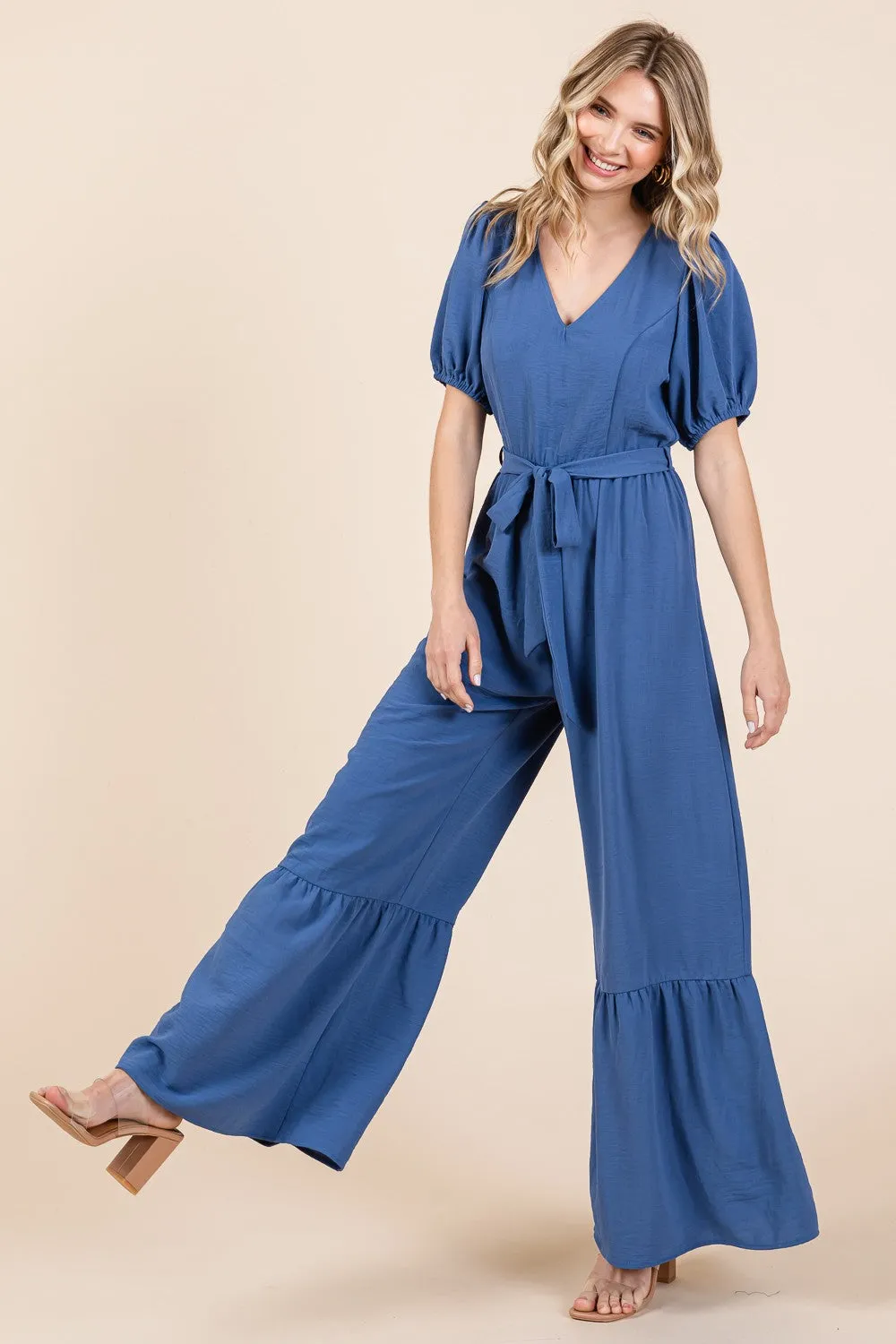 V Neck Belted Wide Leg Jumpsuit in Denim Blue