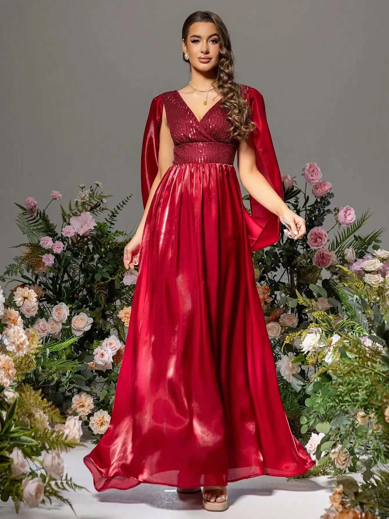 V-Neck Satin Sequin Patchwork Split Sleeve Formal Prom Maxi Dress