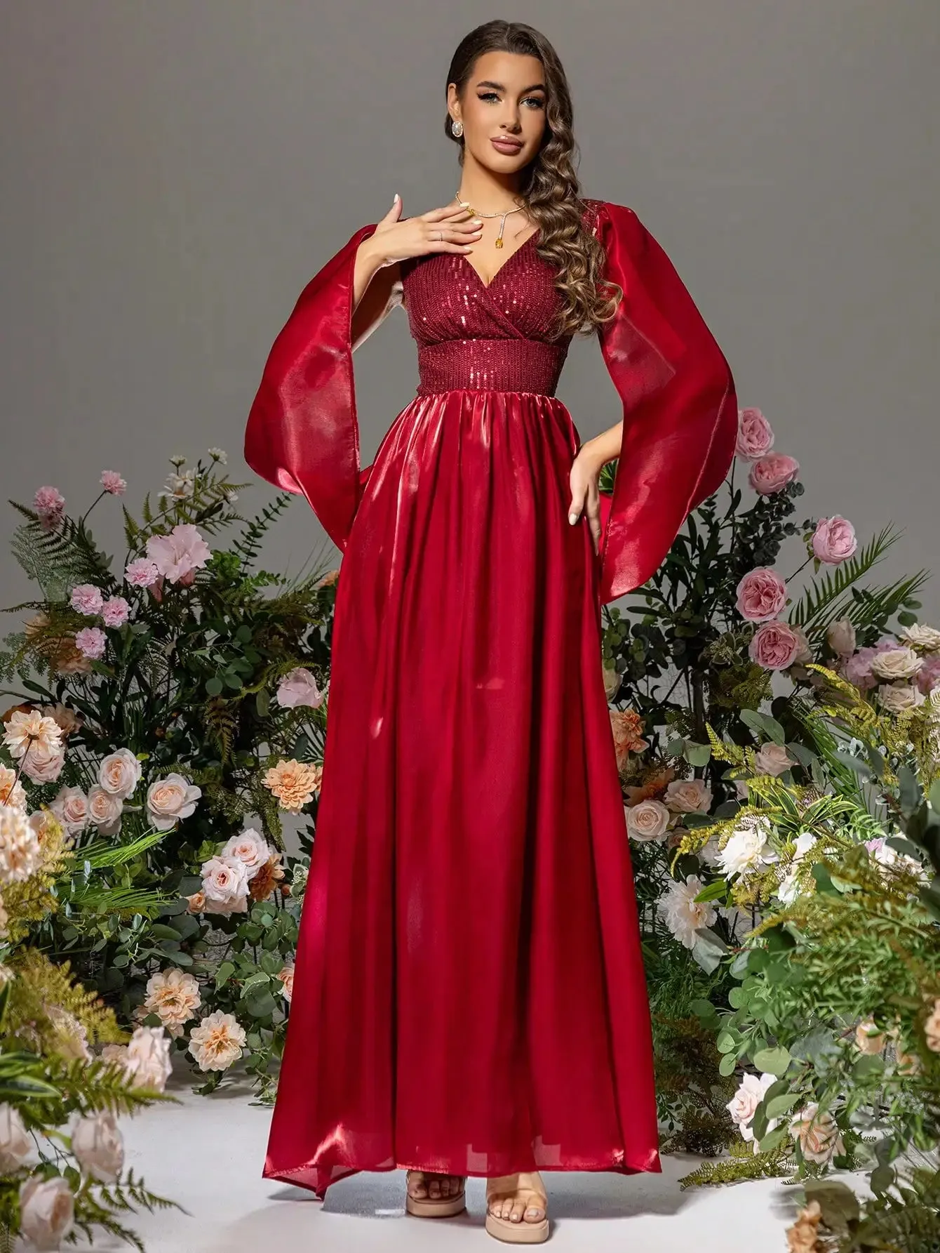 V-Neck Satin Sequin Patchwork Split Sleeve Formal Prom Maxi Dress