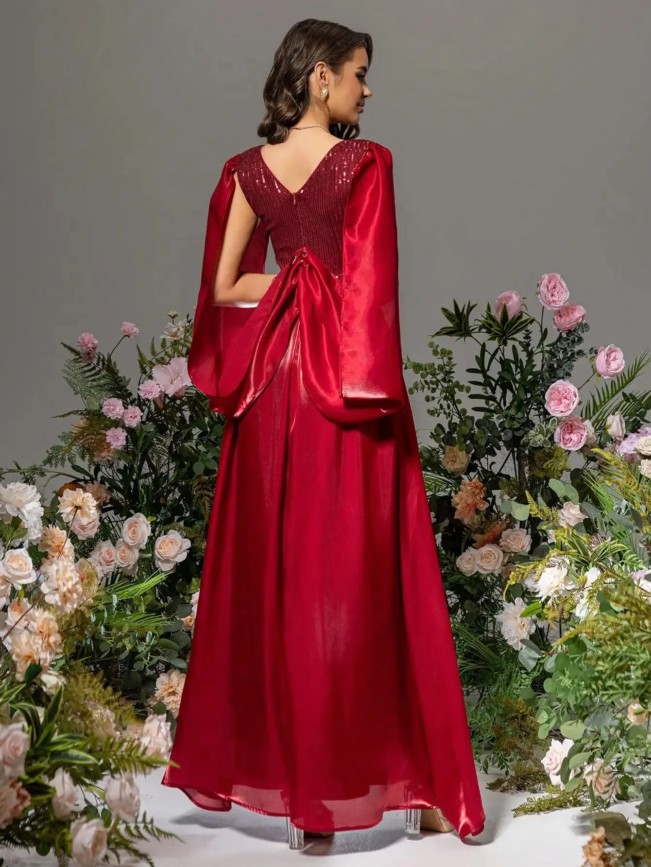 V-Neck Satin Sequin Patchwork Split Sleeve Formal Prom Maxi Dress