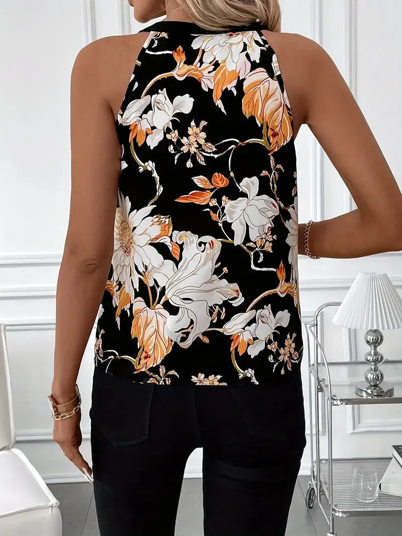Vibrant Floral Print Notch Neck Blouse - Elegant Sleeveless Top for Women, Size: M