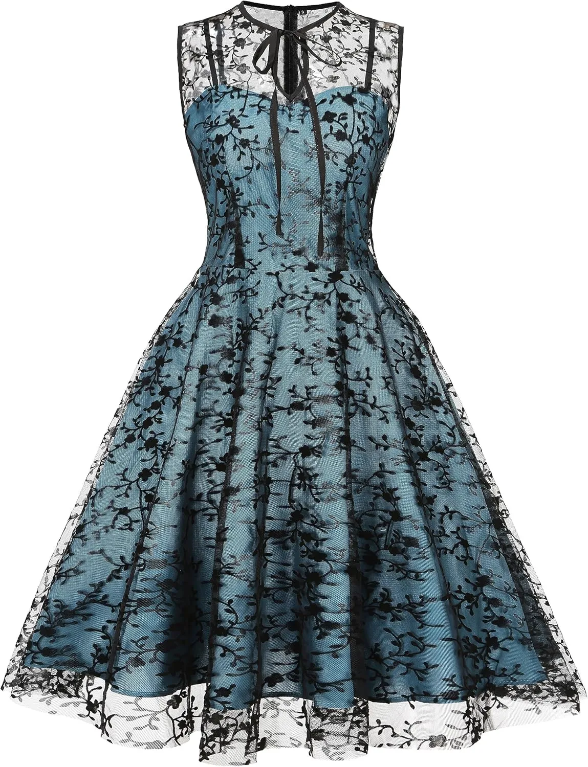 Women Mesh Floral Embroidery Vintage Cocktail Swing Dress Illusion 50s Goth Flared A line Casual Wedding Prom Evening Dress