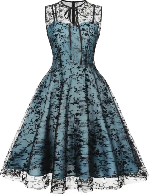 Women Mesh Floral Embroidery Vintage Cocktail Swing Dress Illusion 50s Goth Flared A line Casual Wedding Prom Evening Dress