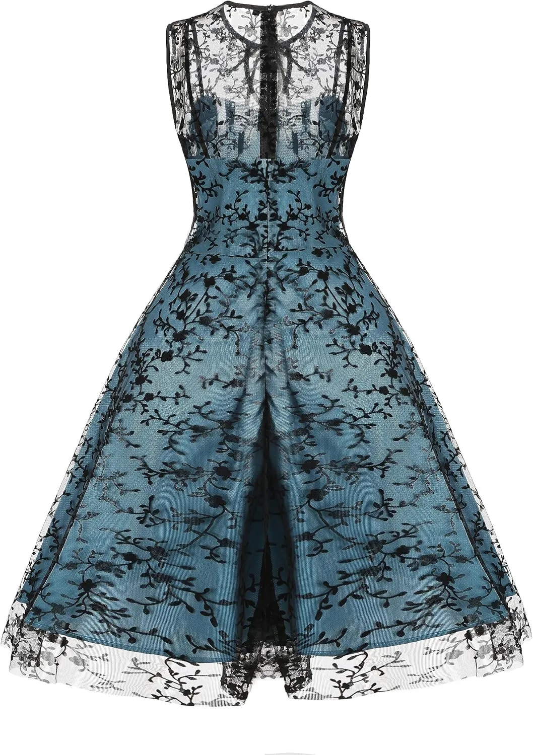 Women Mesh Floral Embroidery Vintage Cocktail Swing Dress Illusion 50s Goth Flared A line Casual Wedding Prom Evening Dress