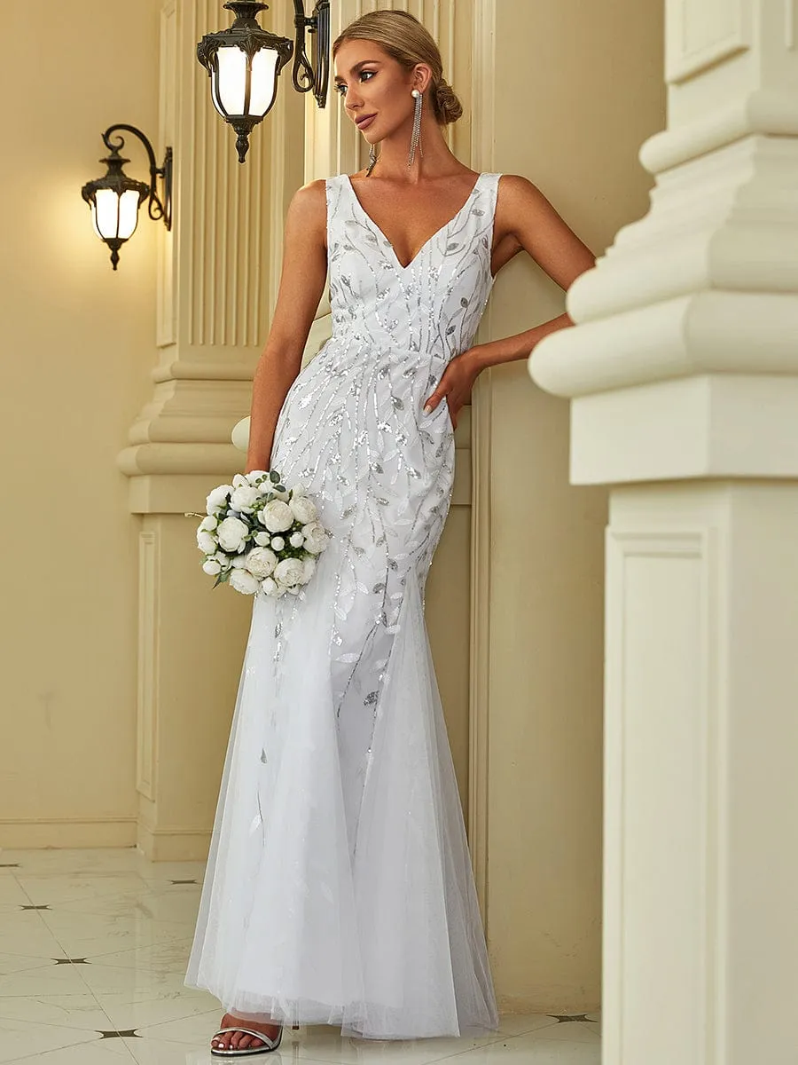 Women's Double V-Neck Fishtail Sequins Wedding Dress