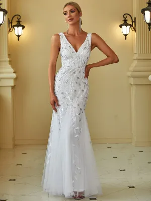 Women's Double V-Neck Fishtail Sequins Wedding Dress