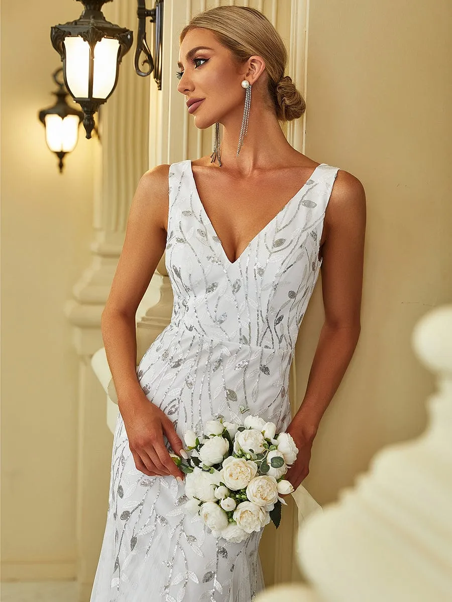 Women's Double V-Neck Fishtail Sequins Wedding Dress