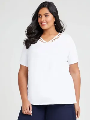 Women's Plain Solid Cutout Top,White