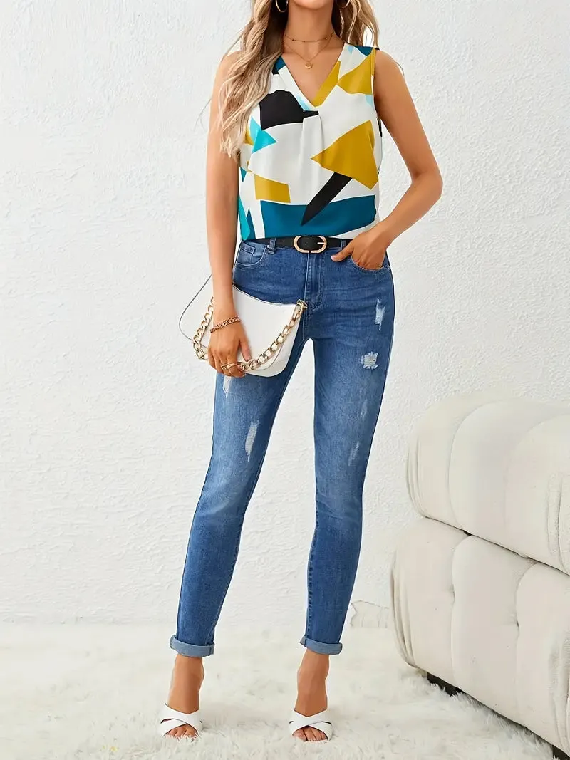 Women's Sleeveless Vest Blouse - Fashionable Casual Style - Comfy V-Neck Top for Summer Days, Size: L